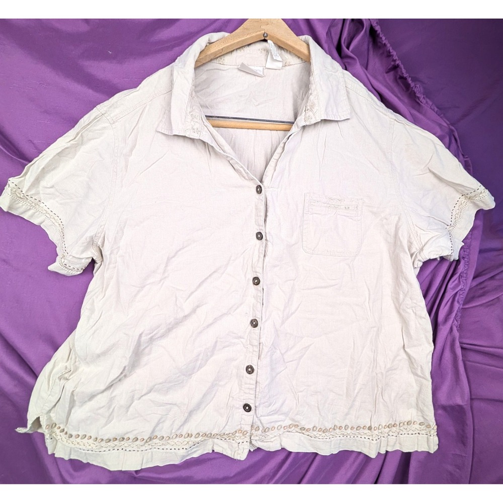 VTG Erika Camp Shirt Beaded Embroidered Linen Blend 3XL Khaki Decritive Stitch